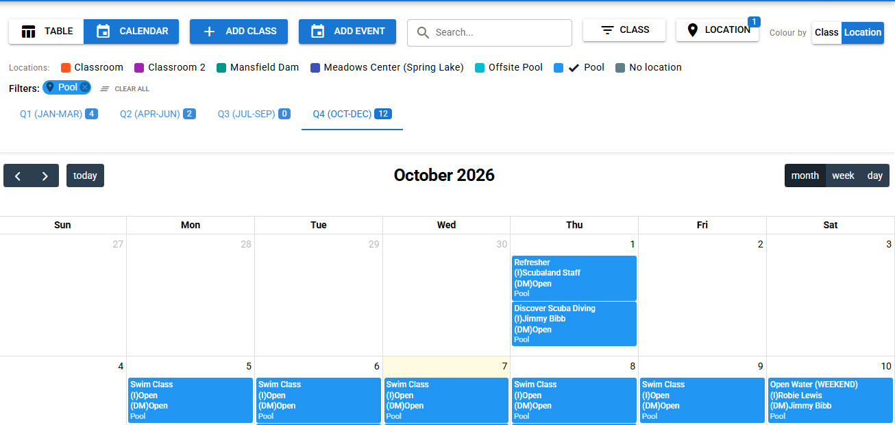 October calendar colored by location and filtered to Pool sessions, with a location legend above