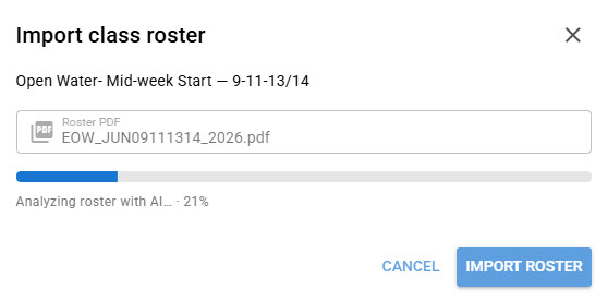 Import class roster dialog analyzing a PDF with AI