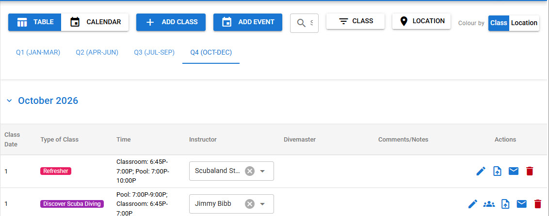 Training Schedule toolbar with the Color by Class and Location toggle