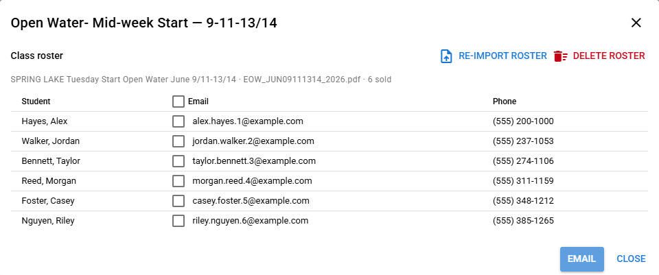 Pro class roster with student, email, and phone
